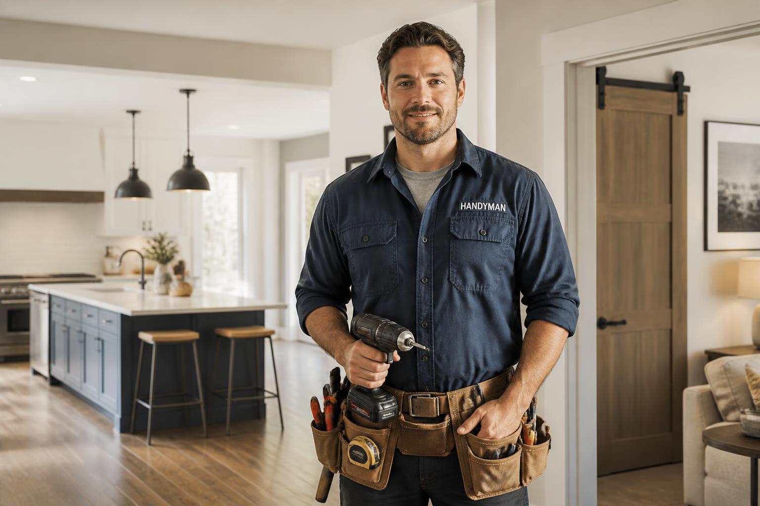 Handyman with a tool belt and drill inside a home